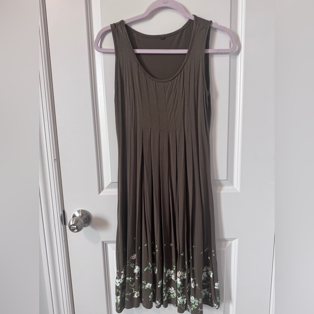 Women Summer Dresses Casual Pleated Floral A-line Tank Sundress Army Green Sz Sm